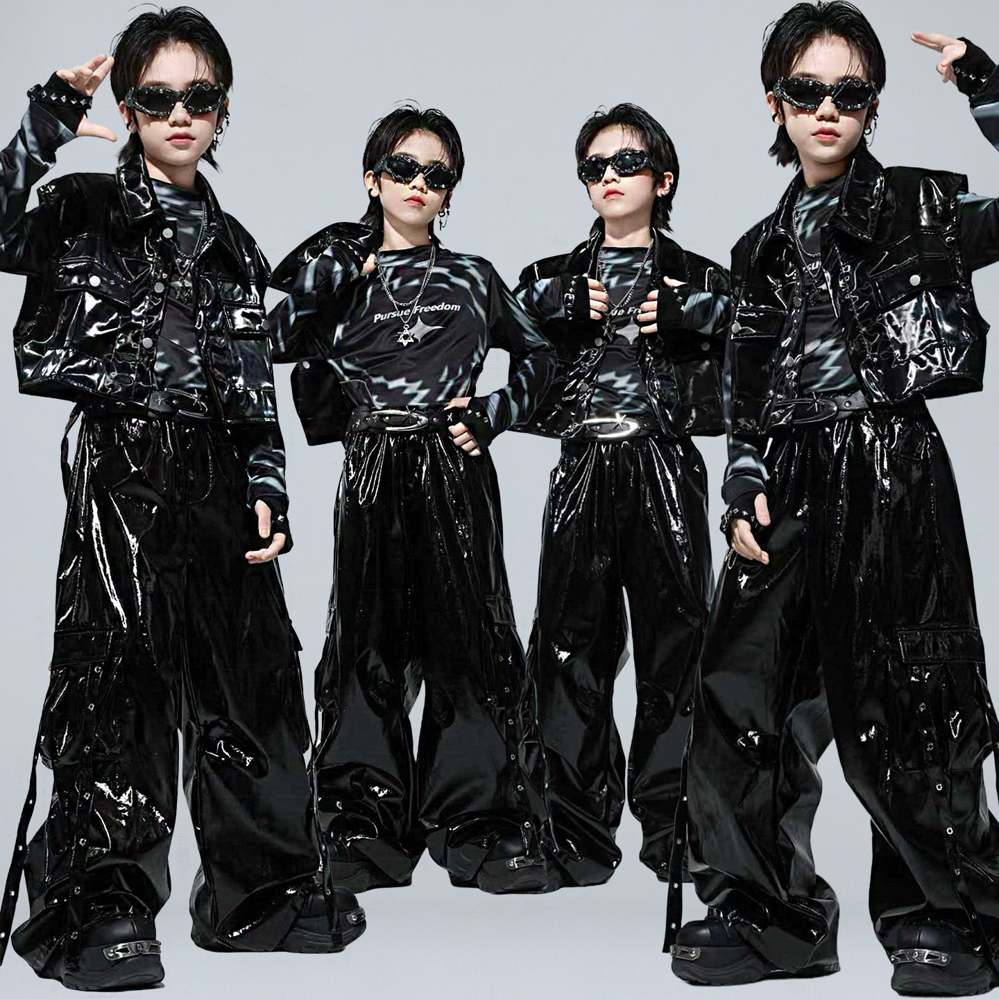 Kid Kpop Hip Hop Clothing Black Faux Leather Crop Vest Top Casual Strap Cargo Pants for Girl Boy Street Dance Costumes Clothes