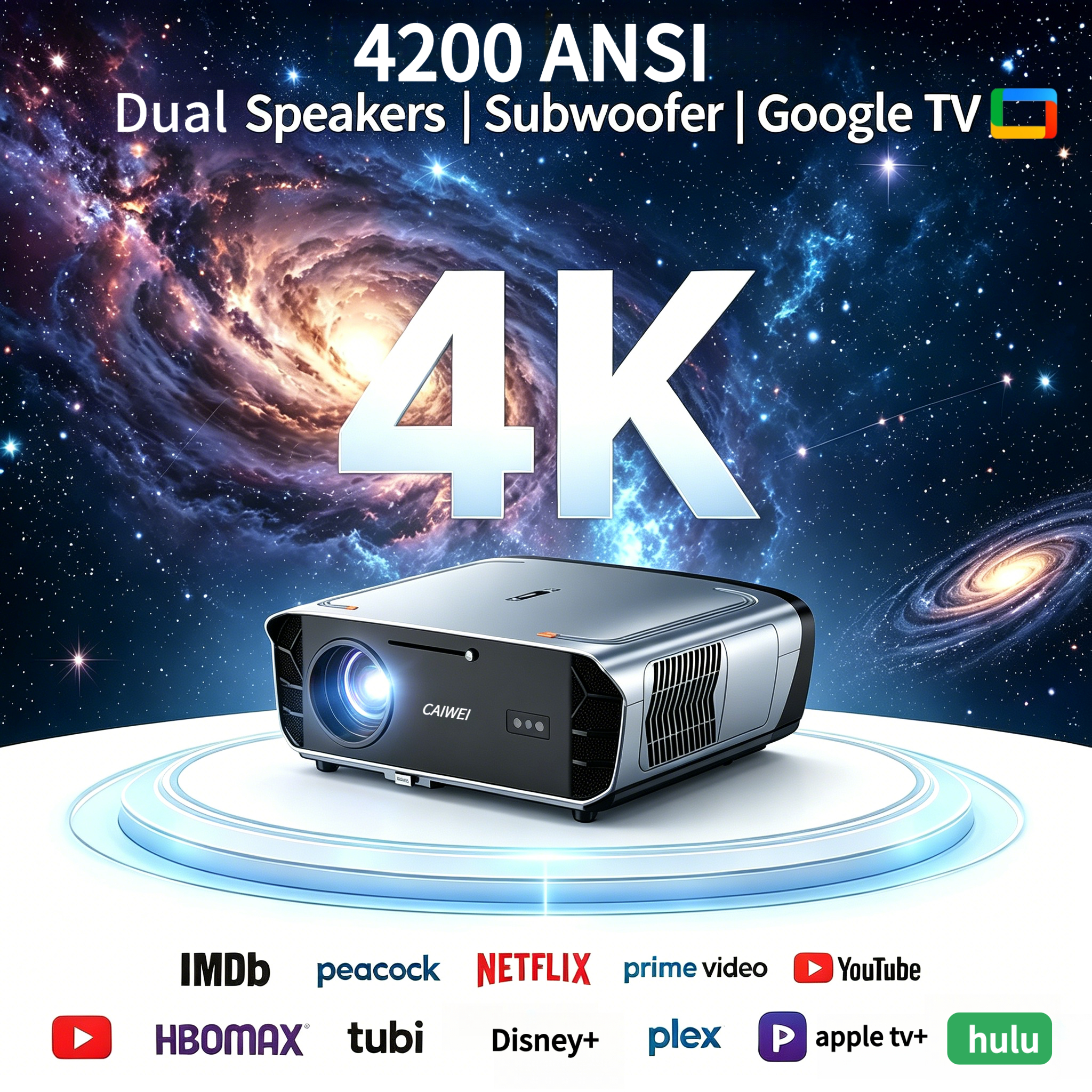 4K UHD Video Projector 4200 ANSI Android 14 Google TV Smart Home Theater WiFi6 TOF Auto Focus Dual Speakers Movie Beamer 2026
