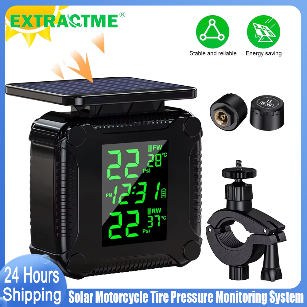 Extractme タイヤ空気圧監視システム カラフルなディスプレイ ワイヤレス TPMS オートバイ ソーラー充電 タイヤ温度警報センサー