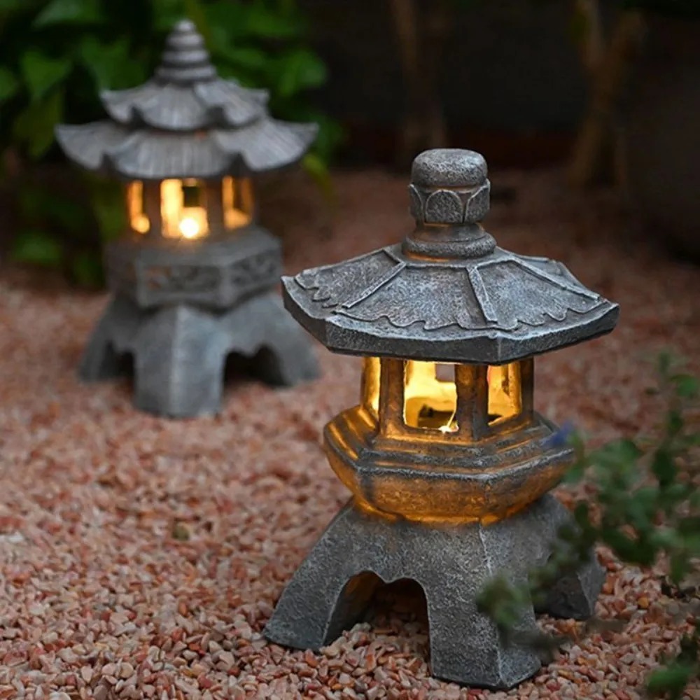 太陽光発電ランプガーデンアクセサリー東洋石塔彫刻禅宮殿ランタン屋外ライト庭の装飾品