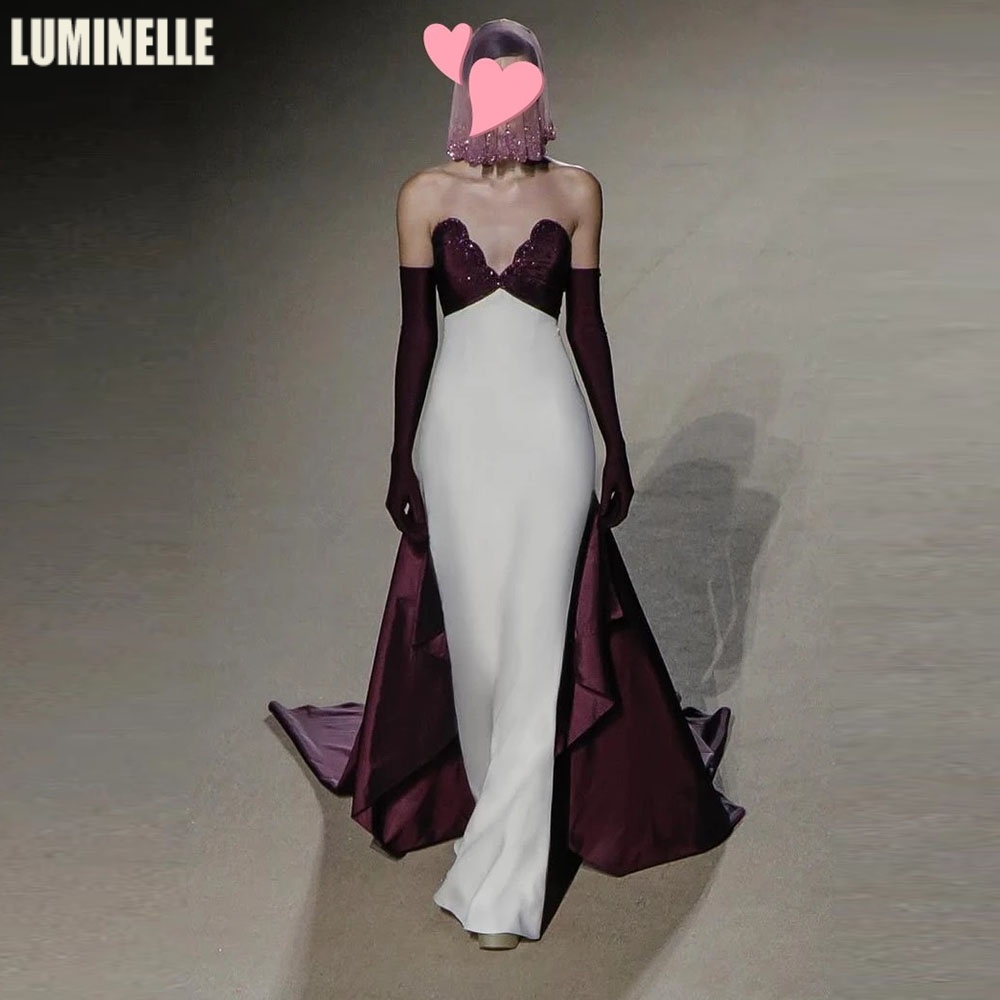 Sweetheart Neck Evening Dresses Burgundy-white Satin Beaded Embellished فساتين سهرة with Long Train