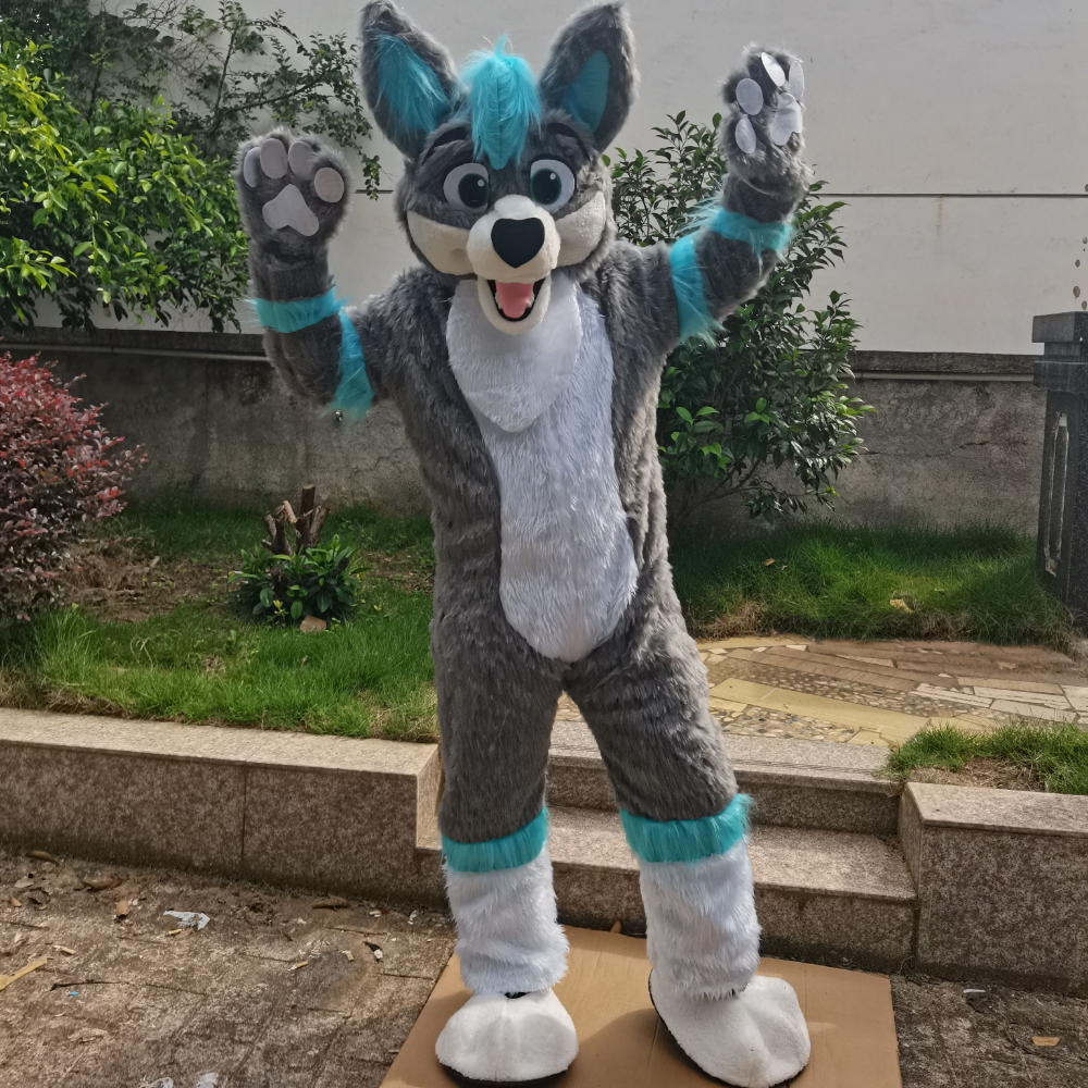Long Fur Furry Grey Wolf Husky Dog Fox Fursuit Mascot Costume Adult Cartoon Character Halloween Carnival Fancy Party Dress