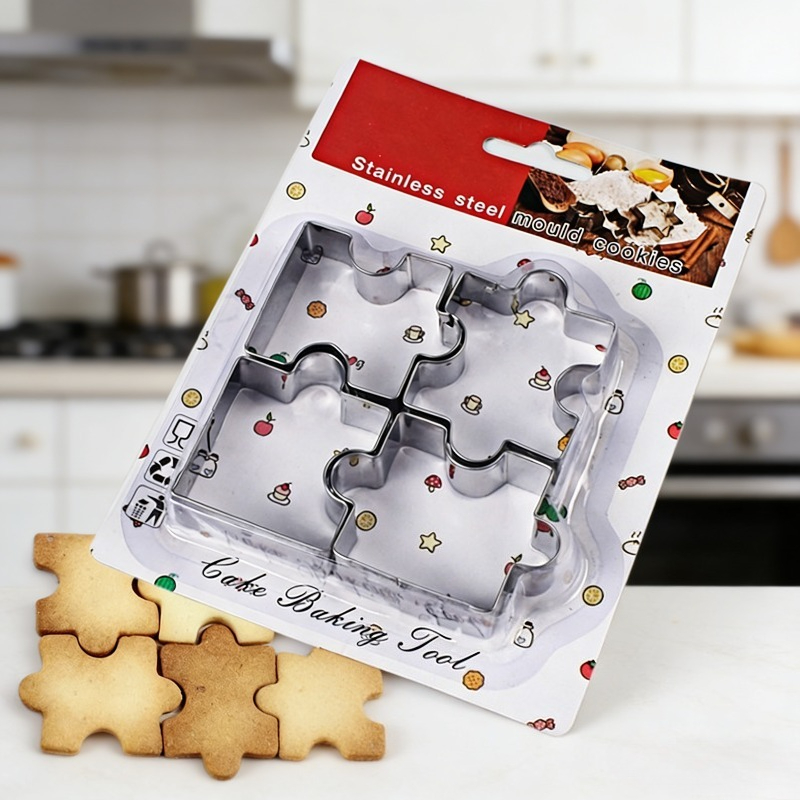 4 ピースステンレス鋼パズルクッキーカッターセットベーキングツールケーキ型キッチン耐熱皿家庭用品