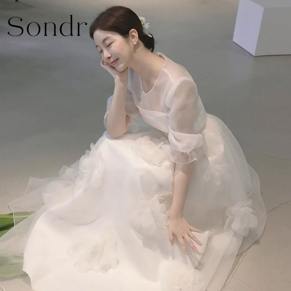 Sondr カスタマイズされた O ネック半袖韓国のウェディングドレス手作り花 A ラインシルクオーガンザブライダルパーティードレス 2026