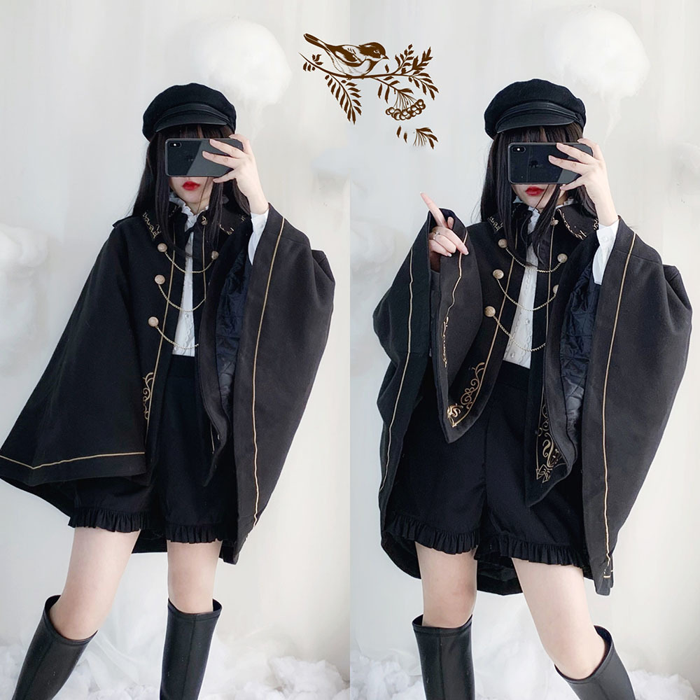 日本の原宿かわいい女の子秋冬ダークロリータマントバットウィングスリーブゴシックロリータコートレトロビクトリア朝ロリータポンチョ