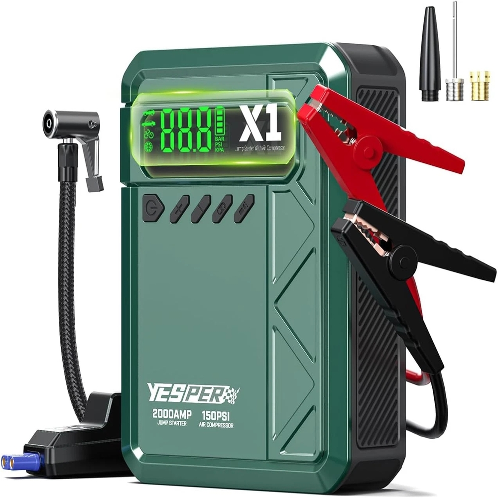 YESPER ポータブルジャンプスターター 2000A 12V カーバッテリー充電器 エアポンプ付き タイヤインフレーター 150PSI ジャンプボックスブースター LCD ディスプレイ