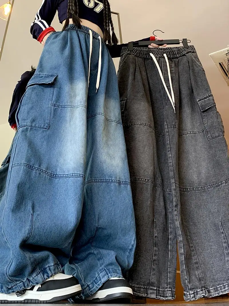 カーゴジーンズルーズワイドレッグ作業服ジーンズ弾性ウエスト男性と女性春秋ファッションブランドウェイドアウトズボンストレートカット