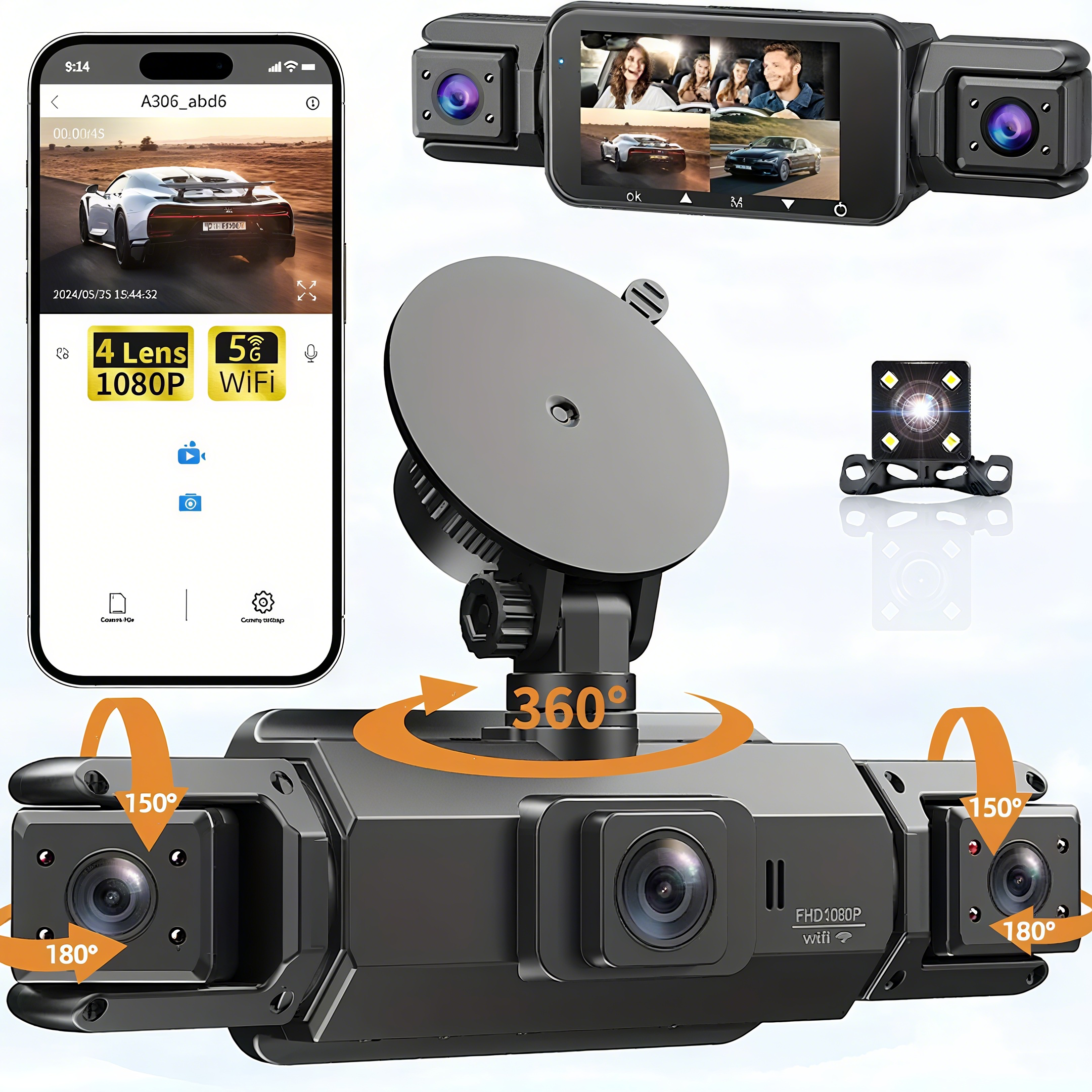 ダッシュカメラ 4 チャンネル wifi 車 dvr ダッシュボードカメラ車のウェイバックボックス駐車モード 24 時間フロントとリアインテリア 360 ダッシュカム