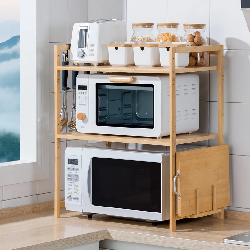 キッチン棚カウンタートップダブル電子レンジ棚デスクトップ調味料オーブン収納ラック竹無垢材
