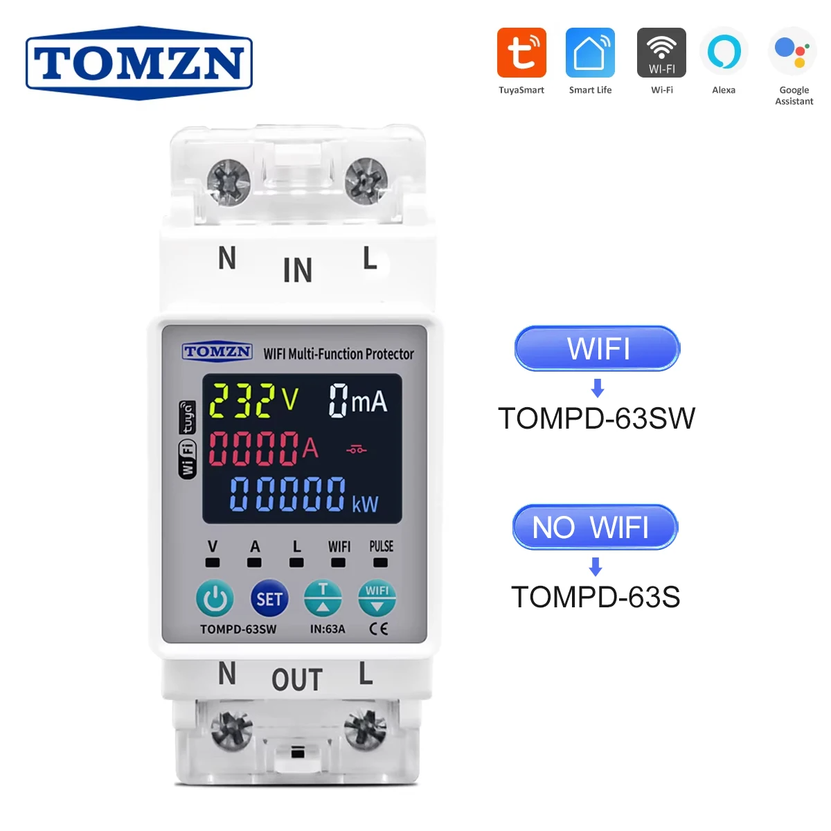 TOMZN 63A 110V 230V WIFI スマートスイッチ SmartLife KWh 計量回路ブレーカータイマー、電圧電流および漏れ保護付き