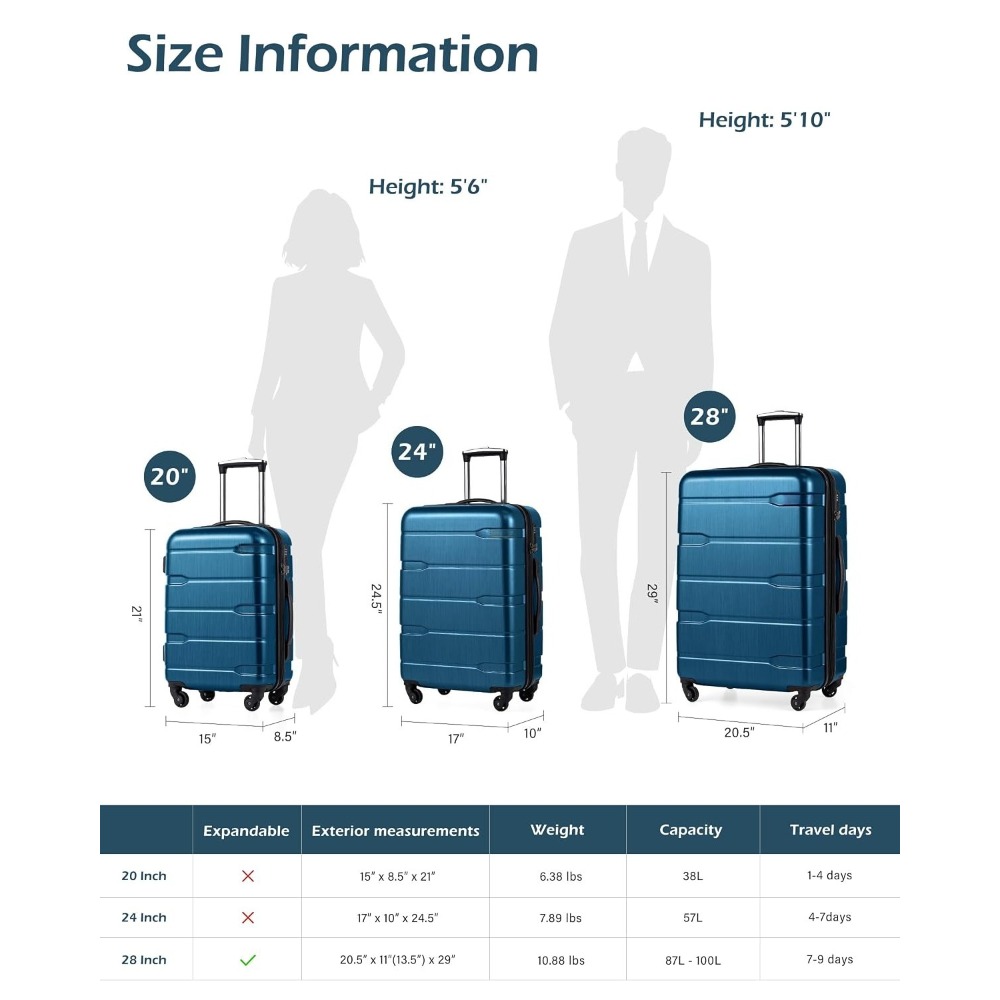 拡張可能な PC ABS ハードサイド トラベル スーツケース 軽量 スピナー ホイール TSA ロック キャリーオン