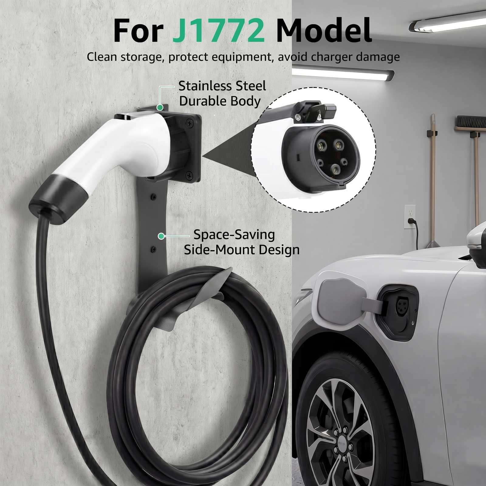 EV 充電器ホルダー J1772 コネクタホルスター用ステンレス鋼壁取り付けケーブルオーガナイザードック U フック付き電気自動車用