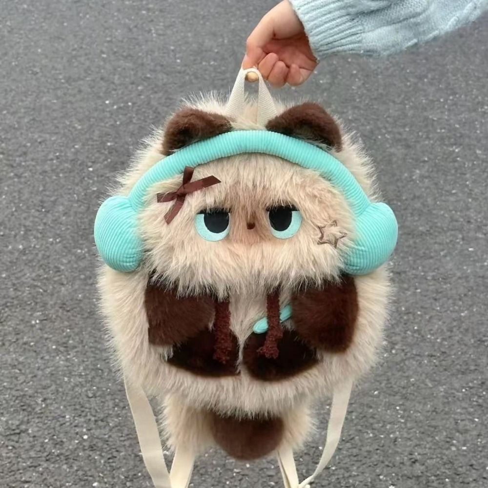 かわいいシャム猫ぬいぐるみバックパックヘッドフォンリアルな外観シミュレーション動物ショルダーバッグふわふわソフト学生スクールバッグ