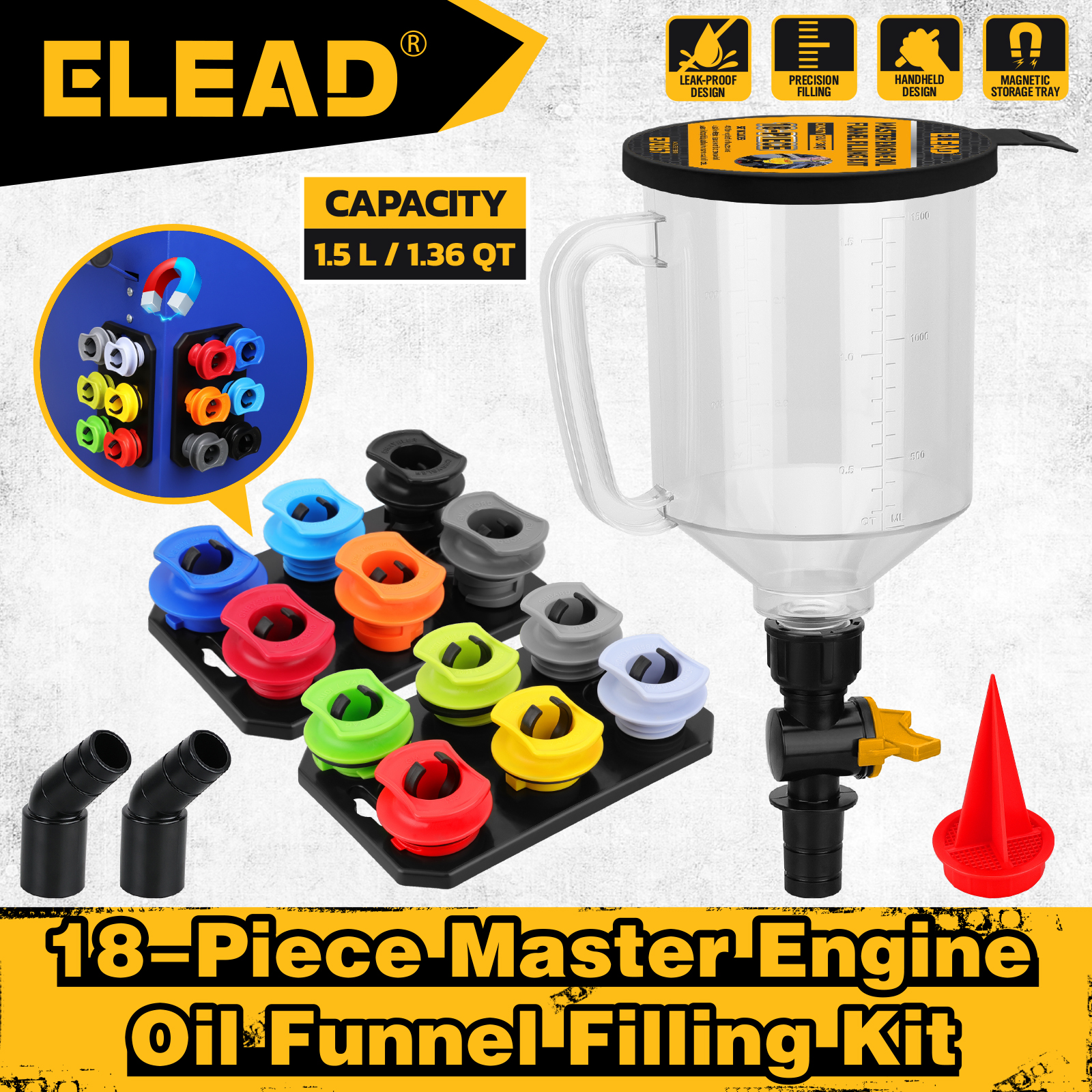 ELEAD 18 個エンジンオイルファンネル充填キット、1.36qt/1.5L クーラントファンネルセット、自動車用ファンネル