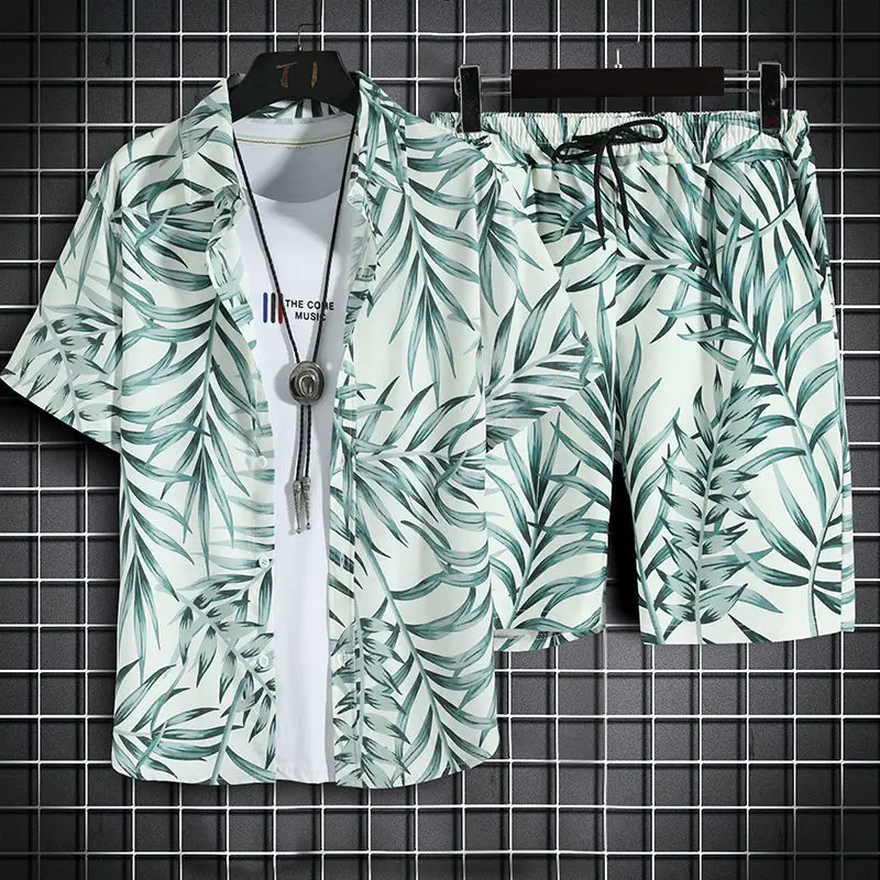 夏のビーチ服男性用 2 点セット速乾性アロハシャツとショーツセット男性ファッション衣類印刷カジュアル衣装