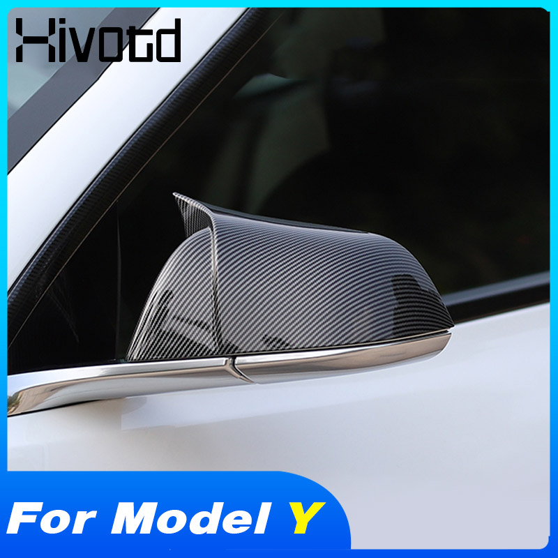 Hivotd 車のサイドバックミラーカバーキャップ炭素繊維ガーニッシュトリム装飾部品外装アクセサリーテスラモデル Y 2021 2022