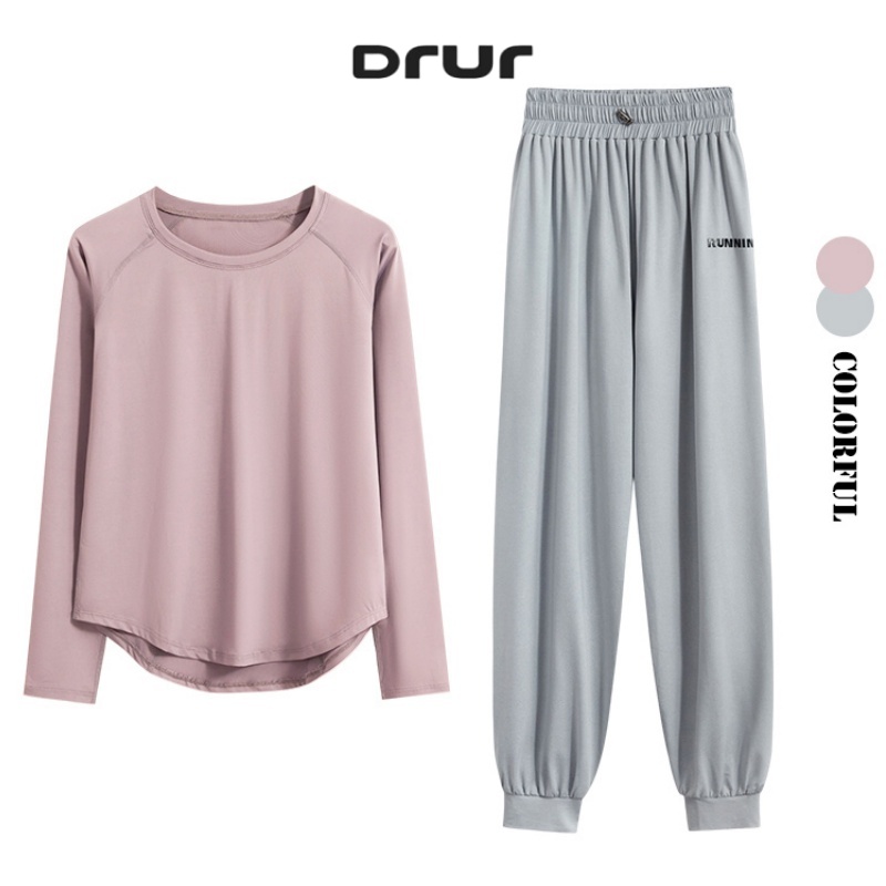 DRUR 2 個ランニングセット女性トラックスーツ軽量ルーズ長袖スポーツシャツパンツセット 2 ピーススポーツウェア衣装ジム服