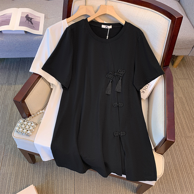 160 キロプラスサイズの女性のバスト 156 夏新中国風レトロ Tシャツ半袖トップ黒、白 5XL 6XL 7XL 8XL 9XL