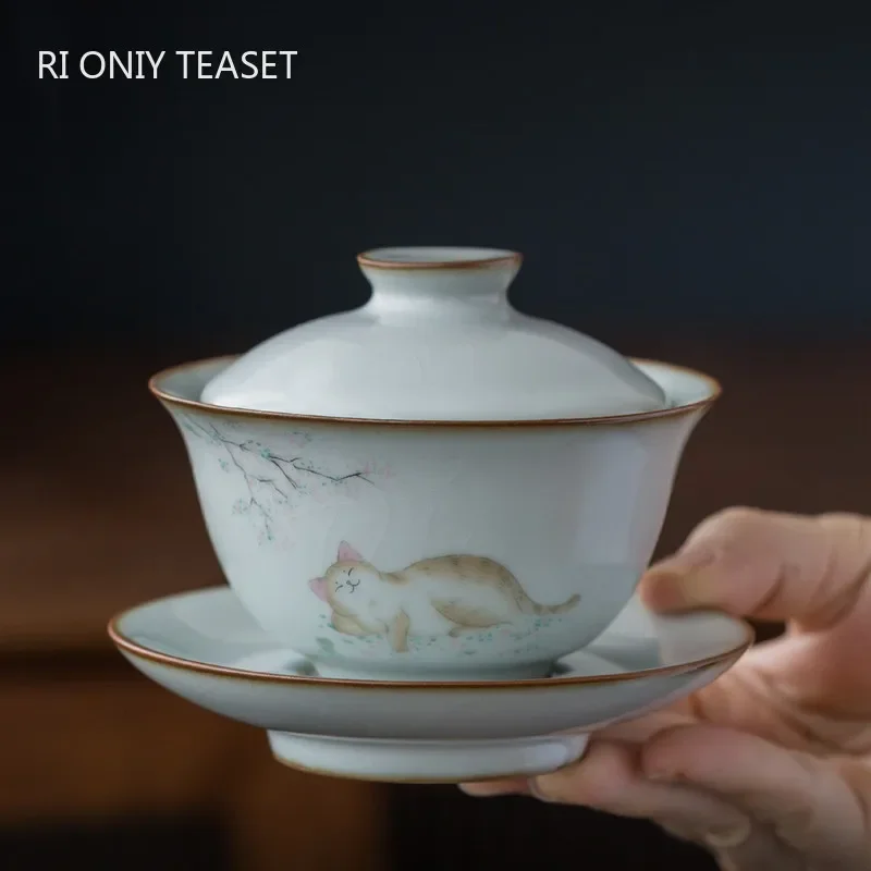 伝統的な Ru 窯セラミック茶チュリーンボウル手作り猫パターンティーカップ旅行ポータブル Gaiwan ホームティーセット箸置き 160 ミリリットル