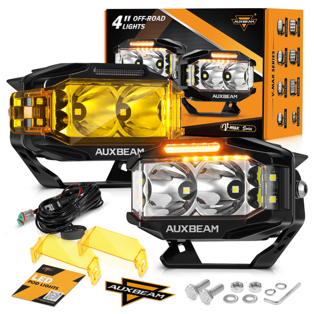 AUXBEAM 4x2.5 インチ LED ワークライト 72 ワットスポットフラッドコンボスポットライトポッド両面シューターライトアンバー DRL ワイヤーハーネス付き