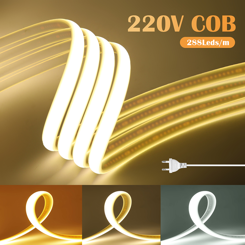 柔軟な Cob ネオン Led ストリップライト 220v 調光スイッチ付き電源キット 288LED ウォーム/ナチュラルホワイト 0.5 メートル 1 メートル 2 メートル 5 メートル 10 メートルリニア照明