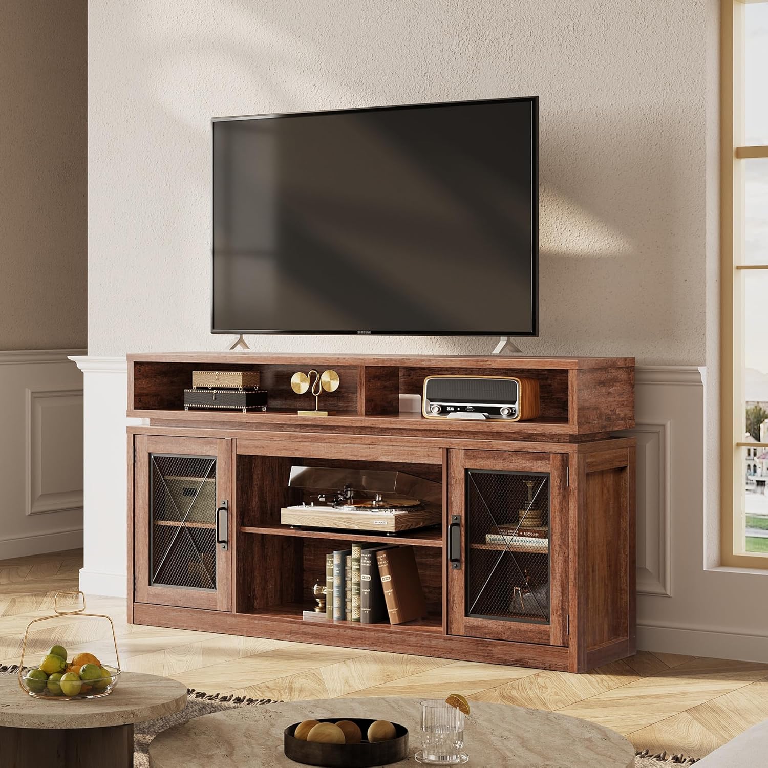 ファームハウス TV スタンド、最大 65 インチのテレビ用、収納キャビネット付きのトールエンターテイメントセンター