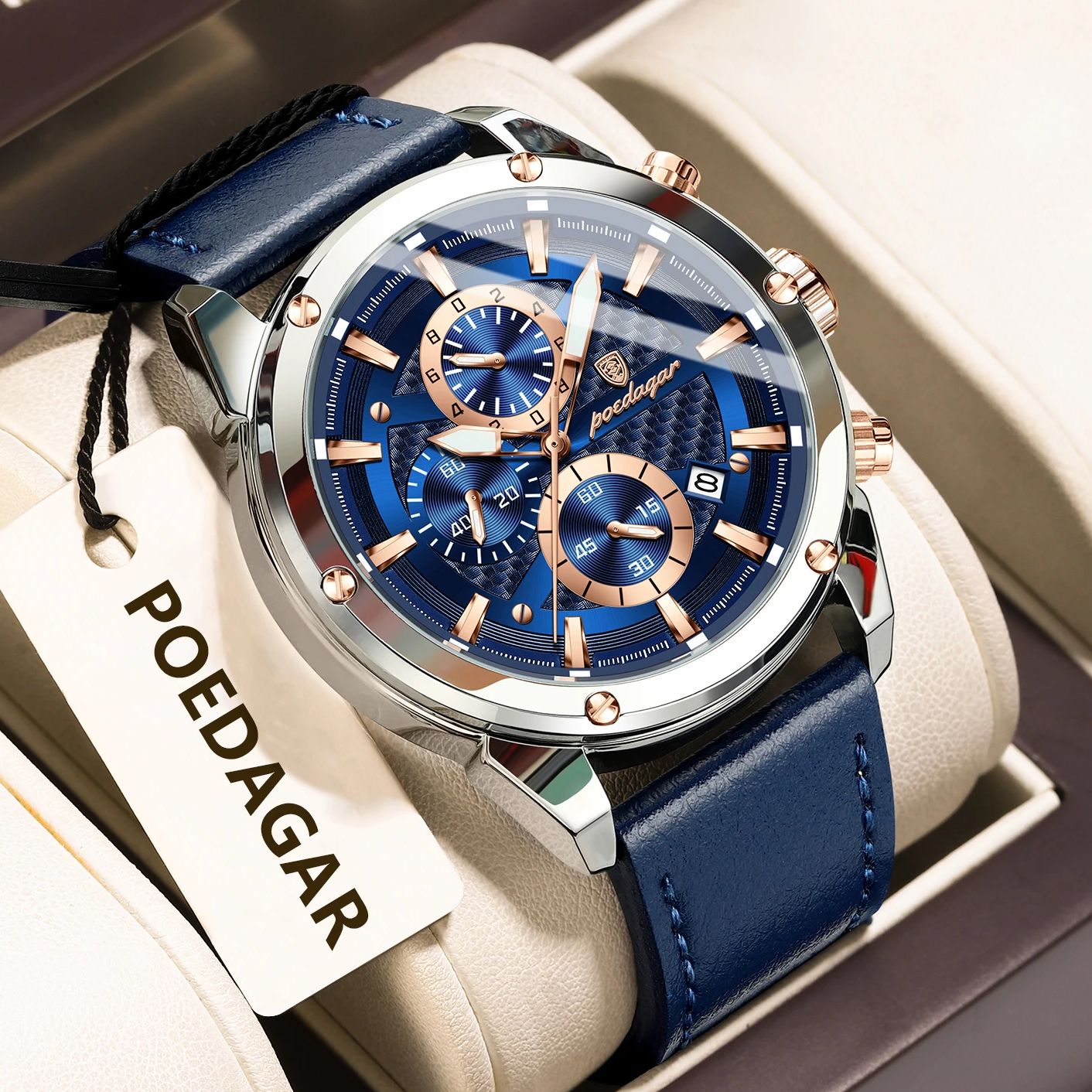 Poedagar ビジネスマン腕時計防水発光クロノグラフ日付オリジナル腕時計メンズレザー高級メンズクォーツ腕時計