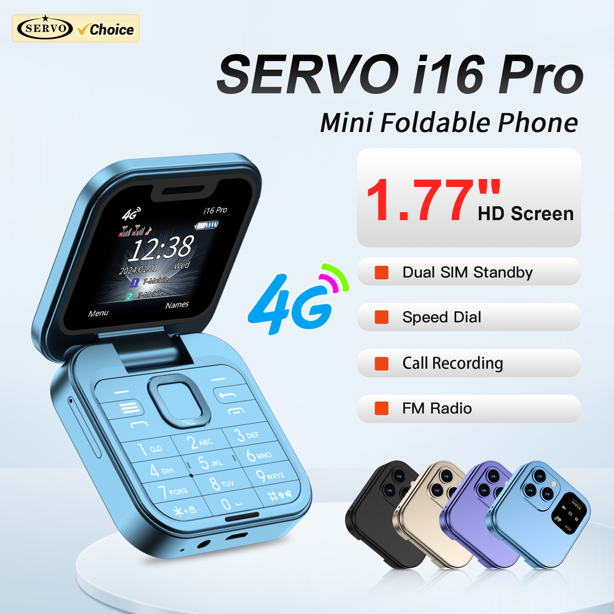 サーボ i16 プロ 4 グラム LTE ミニフリップ携帯電話デュアル SIM スタンバイ通話録音スピードダイヤル FM ラジオ 1.77 インチ画面折りたたみ携帯電話