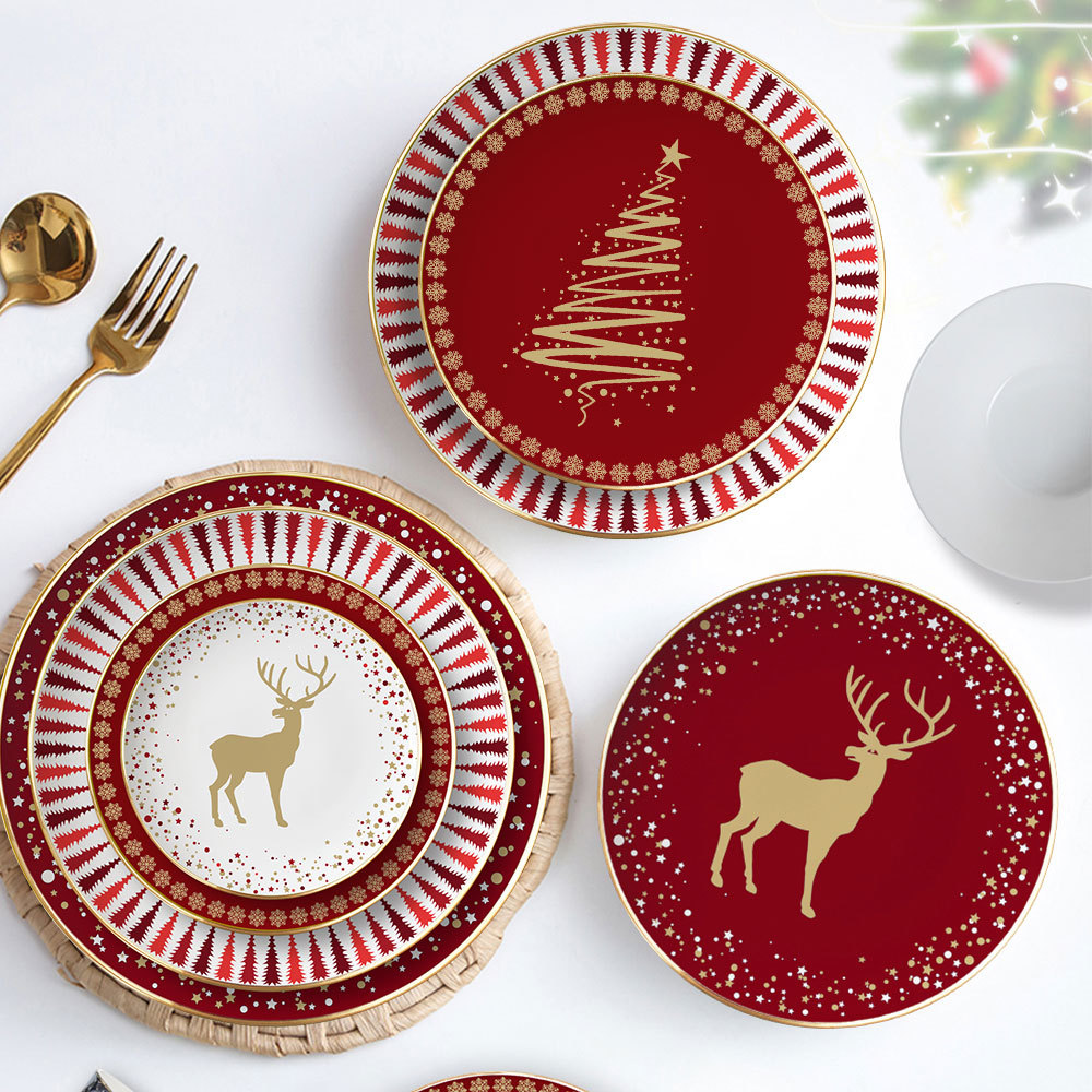 北欧インクリスマストナカイボーンチャイナ食器セットステーキデザートプレートサラダプレートボウルマグカップ食器家の装飾