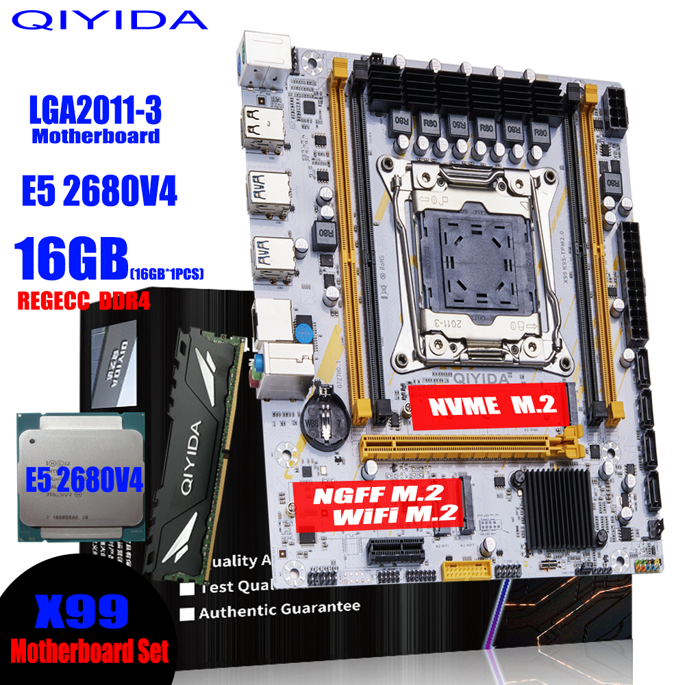 QIYIDA X99 Motherboard LGA 2011-3 Set Kit Xeon E5 2680 V4 CPU Processor 16G=1*16G DDR4 REG ECC RAM Memory NVME M.2 TPM2.0 plug