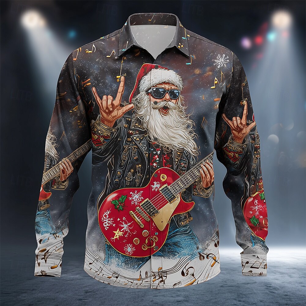 クリスマスメンズサンタクロースロックギターシャツボタンアップシャツ長袖おかしいクリスマスギフト春 3D プリント襟付きシャツ