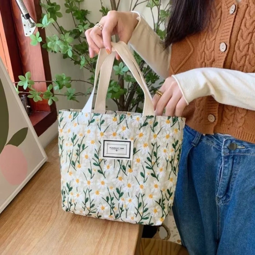 大容量甘い刺繍トートバッグショッピングバッグスナック収納袋スナック収納ランチバッグ再利用可能なデイジーフラワーハンドバッグ