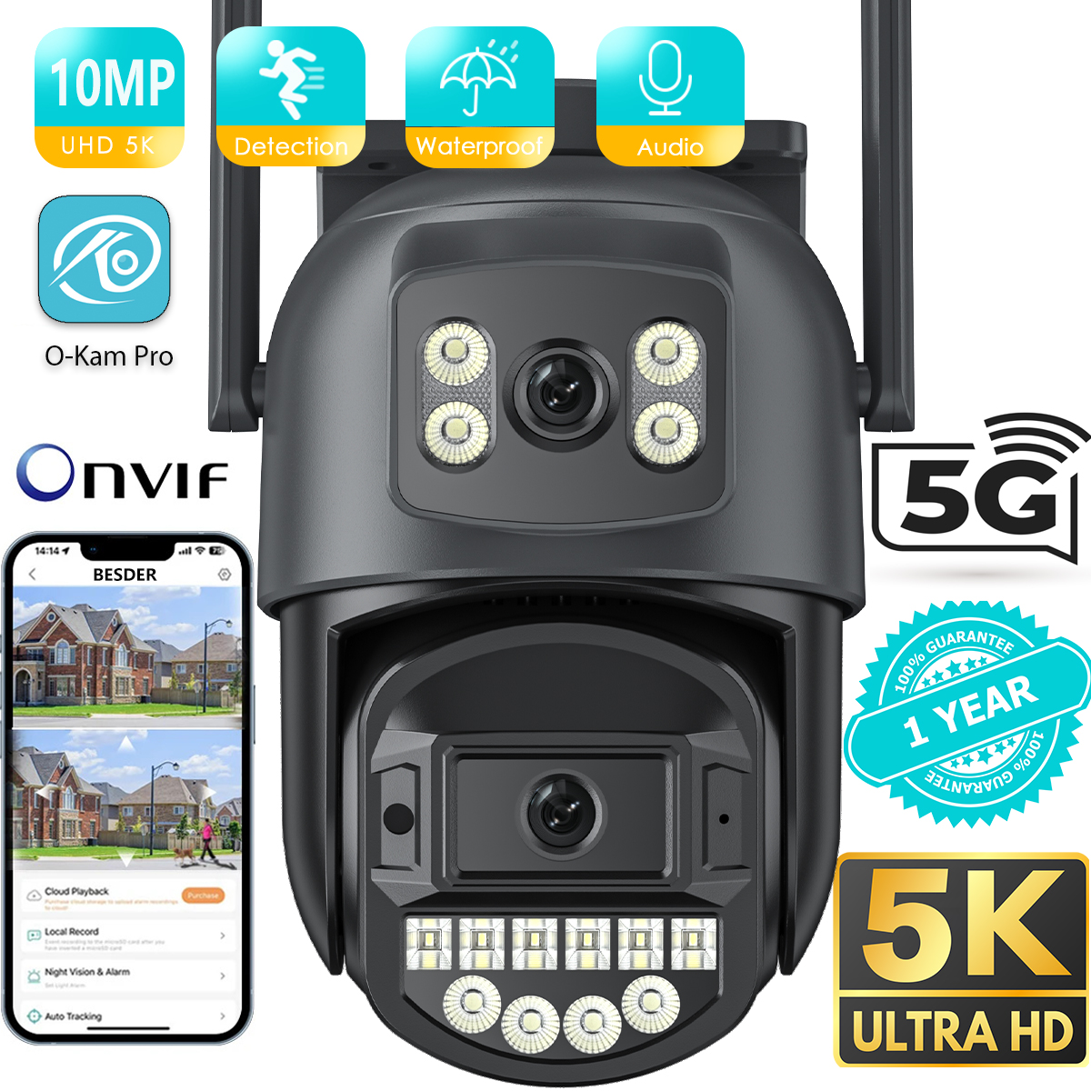 BESDER 5GHz WiFi 監視カメラ 5K 10MP デュアルレンズ AI 人間検出屋外セキュリティ PTZ IP カメラ 10MP インターホン CCTV カム