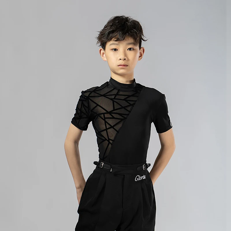 男の子サルサ服ステージ衣装社交練習着モダンダンス衣装タンゴダンスウェアメッシュラテンダンストップス