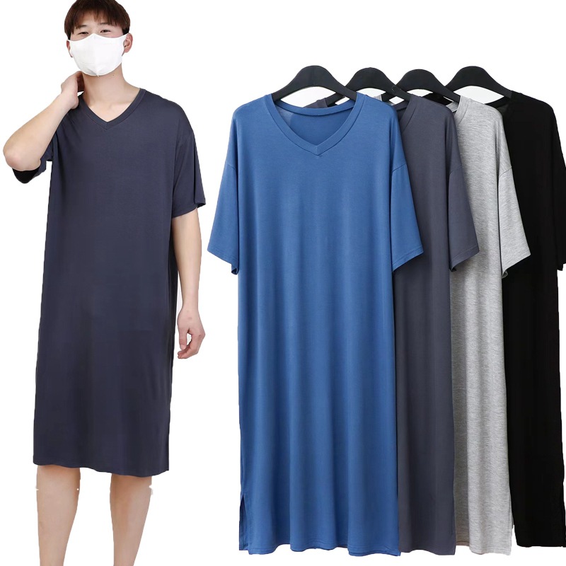 モーダルコットンメンズナイトシャツパジャマカップルルーズフィット膝丈 V ネック半袖ローブ Tシャツドレス女性スリープシャツ