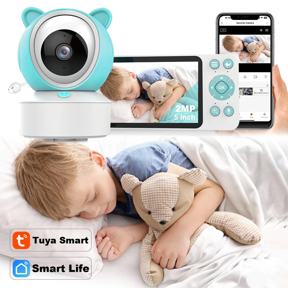 Tuya スマート WiFi 赤ちゃんの泣き声検出オーディオビデオベビーモニター PTZ 赤外線 5 インチモニターカメラ 1080P 電話アプリリモートビュー