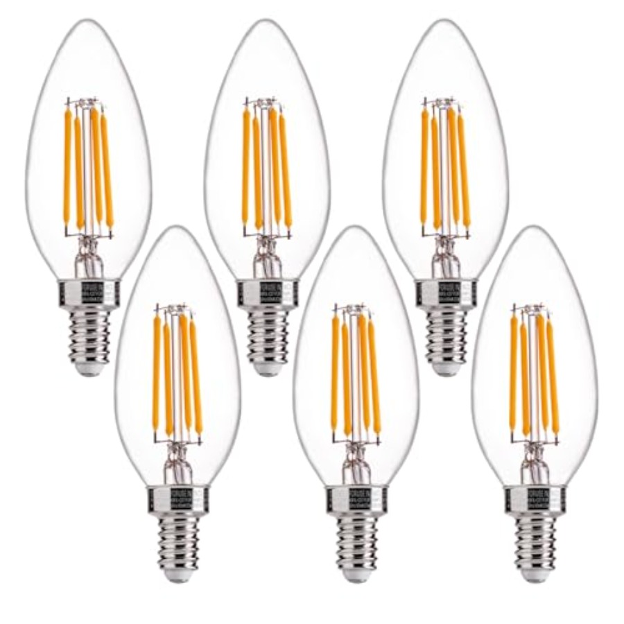 60W相当LEDシャンデリア電球、調光可能、E12口金、クリアB11 LEDフィラメント燭台電球、6個パック