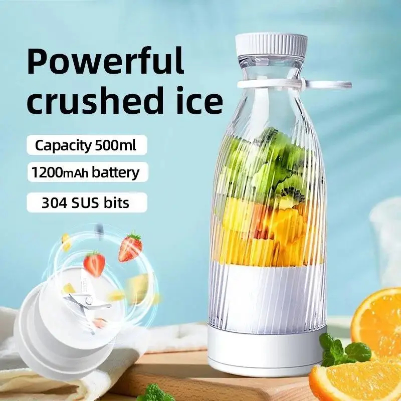 2026New 500ml 充電式ポータブルジューサー、アイスクリーム電動ジューサー、ステンレス鋼の刃付きミニガラスジュースボトル