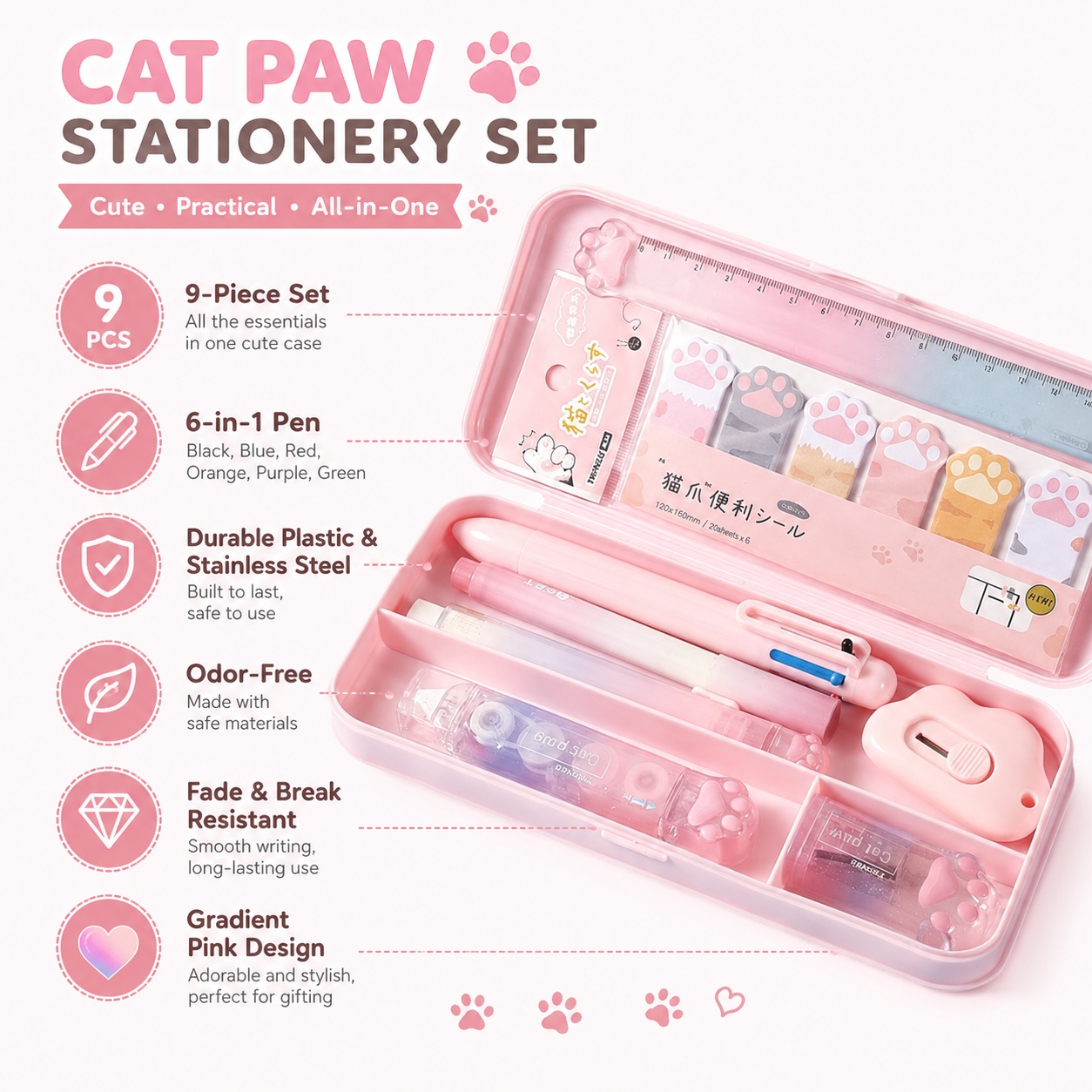グラデーションピンク猫の足文具セット、6-in-1ペン付き9点キット、プラスチックステンレススチールツール学校オフィス日常使用