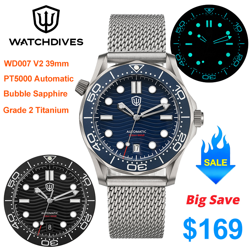 Watchdives WD007 V2 グレード 2 チタン 39 ミリメートル機械式時計 PT500 自動ドーム型サファイア夜光 200 メートル防水メンズ腕時計