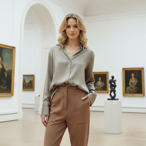 Women's long-sleeve satin shirt, an elegant top perfect for work or the weekend—soft, flowing, and comfortable, in neutral colors