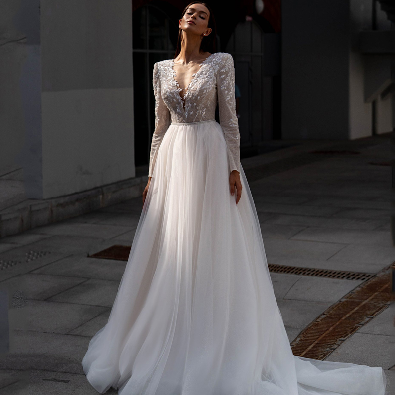 Eightre ホワイトボヘミアンウェディングドレス長袖グリッター花嫁ドレスチュール A ラインアップリケ結婚式のイブニングウエディングドレスカスタマイズ