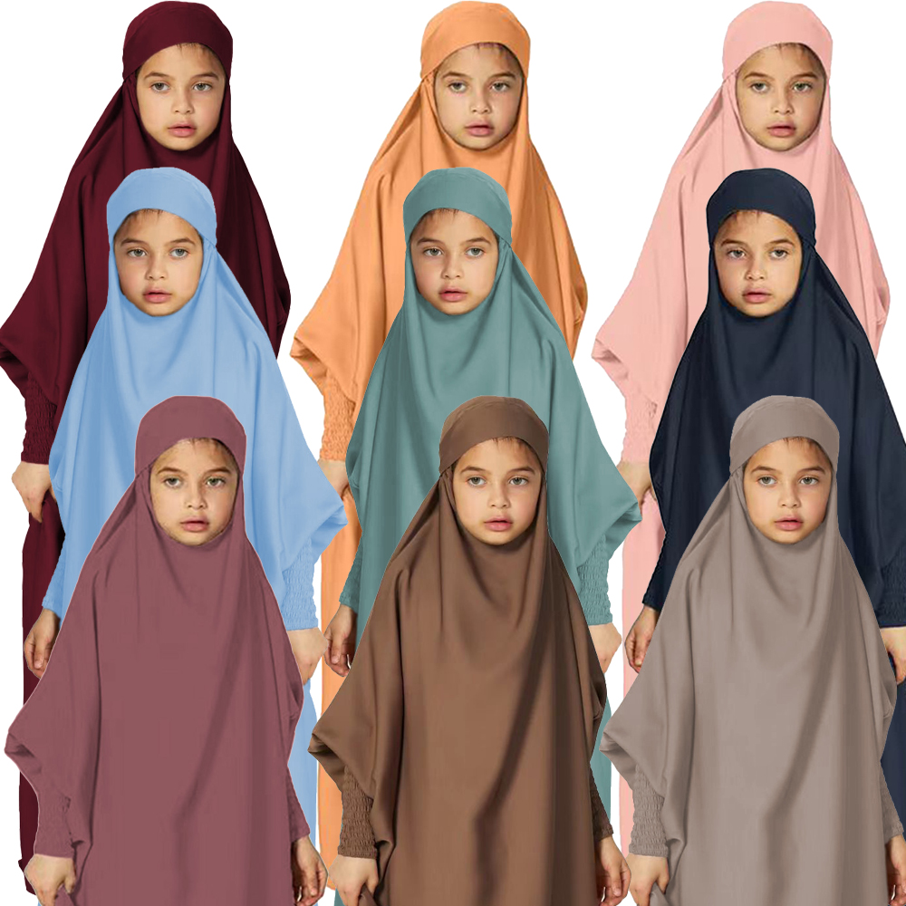 サテン フード付きアバヤ キッズ ガールズ イスラム教徒 イード アバヤ イスラム教 子供の祈りの衣服 オーバーヘッド キマール カフタン トルコローブ 控えめなドレス