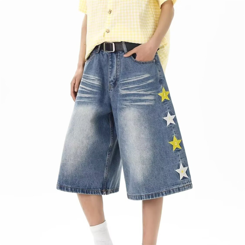 2026 夏スターグラフィックプリントだぶだぶの男ハイストリートストレートワイドレッグデニムショーツ Y2K ヴィンテージトレンディショートジーンズ