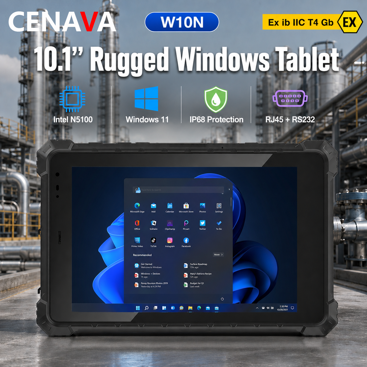 CENAVA W10N 10.1 インチ IP68 頑丈な Windows 11 タブレットインテル N5100 8GB 128GB RJ45 RS232 産業用 PC 耐衝撃防水タブレット