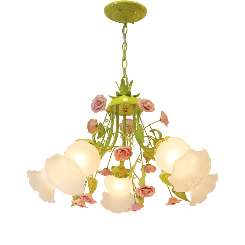 モダンなヨーロッパのシャンデリアランプ光沢のある緑色のペンダントピンクのバラの花の照明器具 E14 装飾デザイン