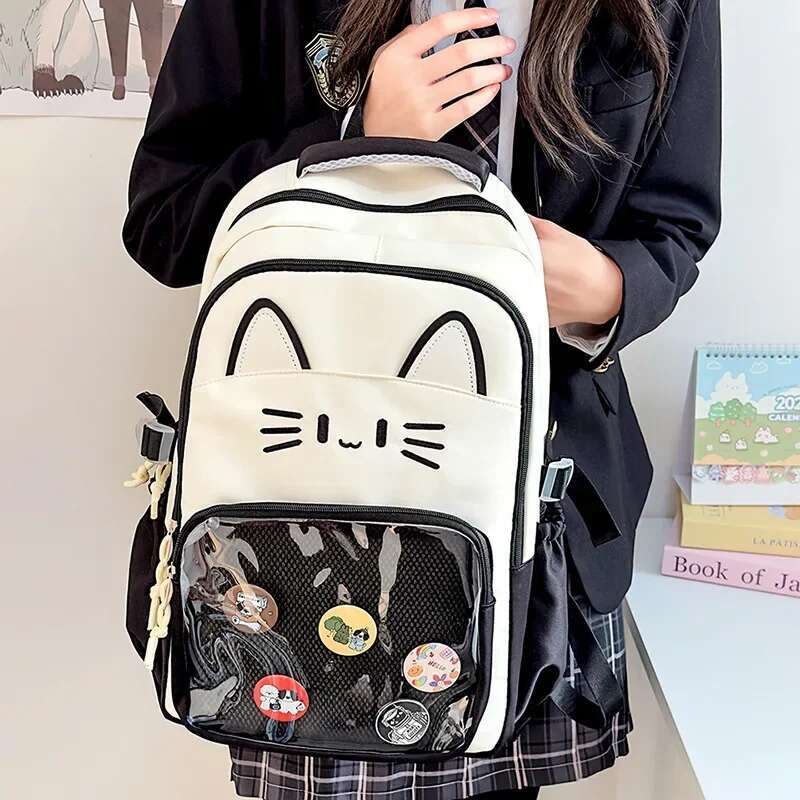 Y2K かわいい猫 Ita バックパック大容量ナップザックカジュアルガール透明 DIY ディスプレイリュックサック漫画トレンディな旅行ランドセル