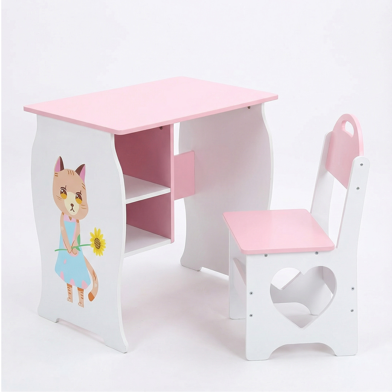 キッズデスクとチェアセット 子供学習机 収納棚付き 木製学習テーブルと椅子 ホームスクール用 キッズ学習デスク