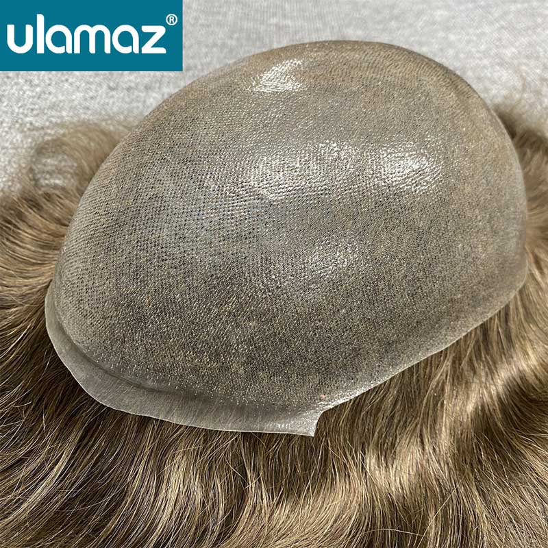 0.04-0.06 ミリメートルスキンヘアプロテーゼ男性のための自然な生え際かつら男性のかつらフル PU ヘアシステム結び目スキン男性ヘアプロテーゼ