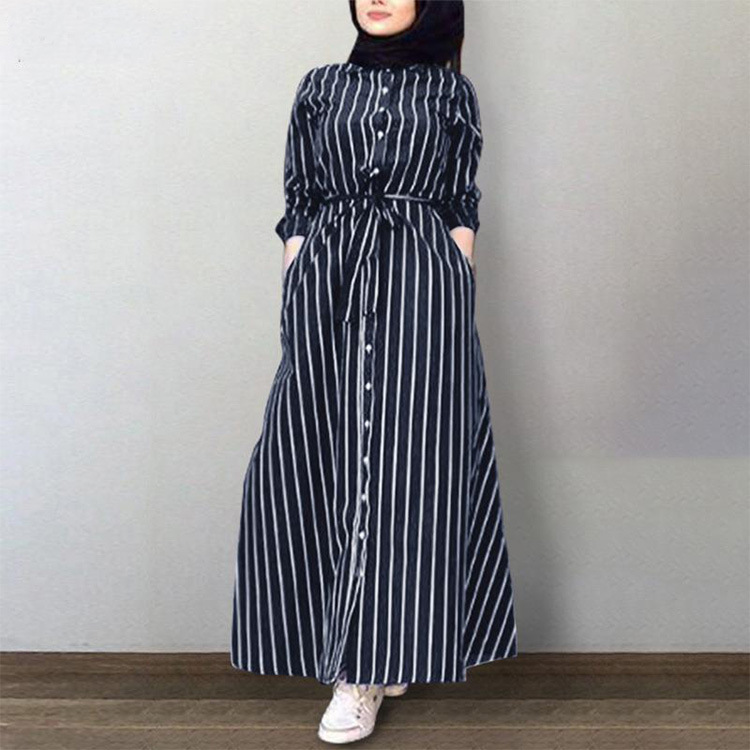 女性イスラム教徒ドバイアバヤ着物ストライプロングドレスカフタンイスラム服ボタンシャツマキシドレス Vestidos ローブアフリカアバヤ